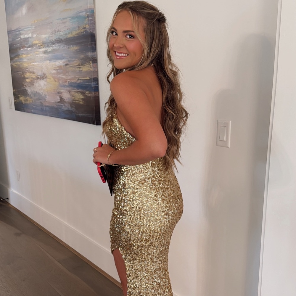 JVN by Jovani Sparkling Gold Strapless Dress